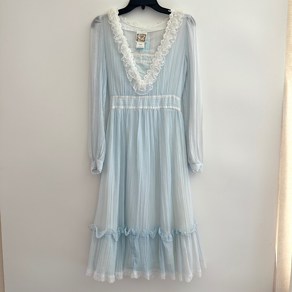 Vintage 70s Gunne Sax Blue Lace Trim Prairie Midi Dress Size 9 Cottage Ruffle
